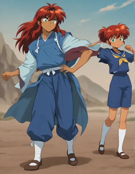 Just one little 11 boy  that is a sixth grade primary school student. Tan skinned. He has short red hair and green eyes wearing a blue uniform. He is daring. Handsome. Inuyasha anime character art style. High quality. 