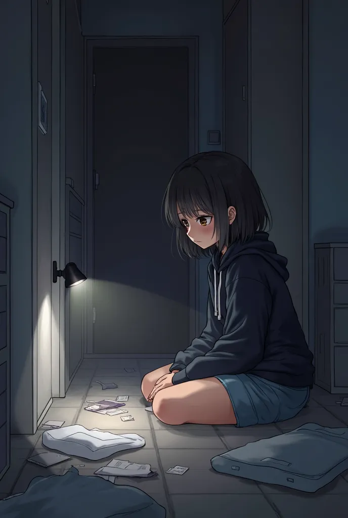 I need an anime girl,  black-haired uniform, brown eyes and brown skin, sitting on the floor watching a camera in a small, dark room, in the dim light of a lamp, with sheets and papers thrown away, while wearing a black sweatshirt and light blue shorts, an...