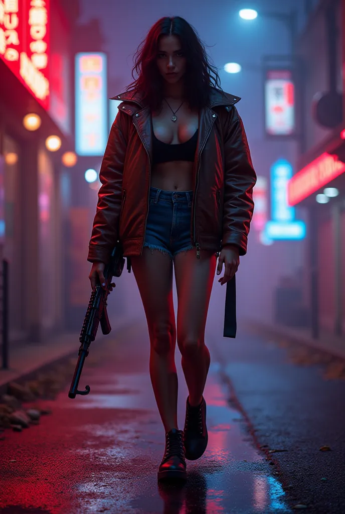 Neon Art lights all the way,, cgi-3d art , hyper- realistic , Walking Head Women Sexy Clothes, brown leather black jacket ,, techno art fauvism , hold a rifle in the middle of the city ,brown jacket leather ash black,   blue shorts  ,fantasy sureal photogr...