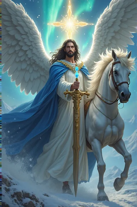 An angel with a serene and penetrating gaze, majestic in appearance, with long dark hair and a well-groomed beard, dressed in a white robe and a blue cloak. He holds an imposing golden sword with a mystical glow and sacred symbols engraved on the blade. In...