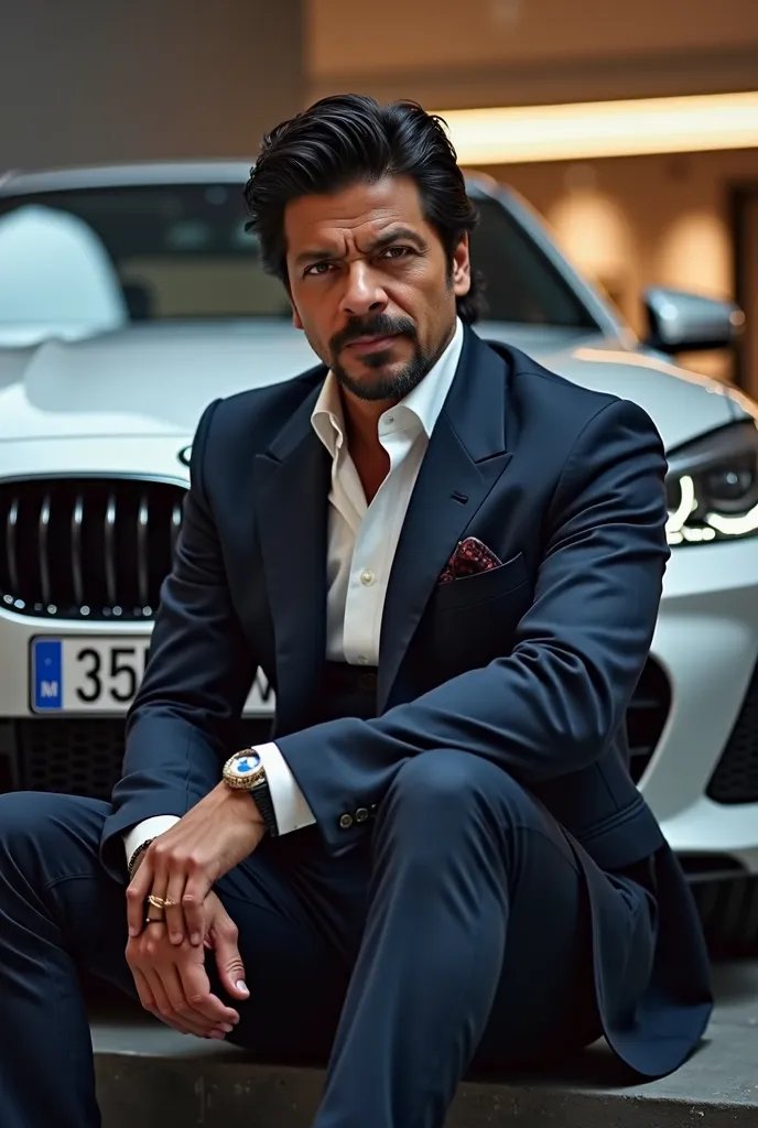 Srk photo sitting  instyle in  front of z blach z series bmw  seing in front and not hiding logo of bmw
Showing logo in entire car view