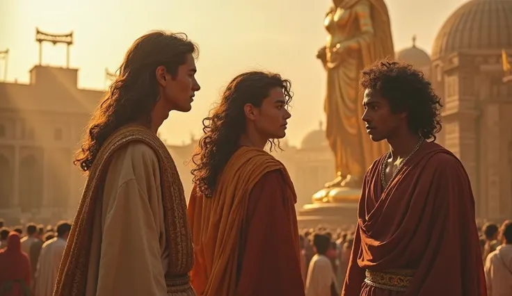 Image of the three young men standing, in high-quality Babylonian clothing, watching the large golden statue. The setting is a grand square,  with a crowd in the background . The soft light of dawn bathes the faces of the young people, their long and wavy ...