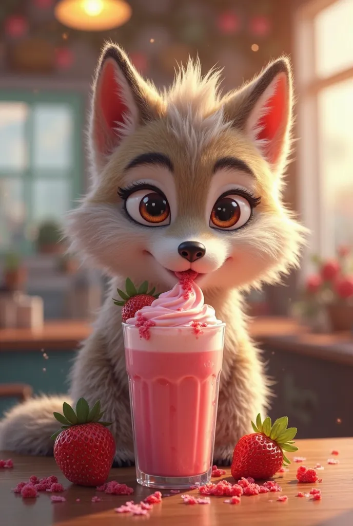 Crie a imagem de um furry tomando milkshake de morango