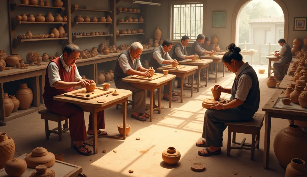 Skilled artisans in a village workshop, crafting beautifully designed clay pots.