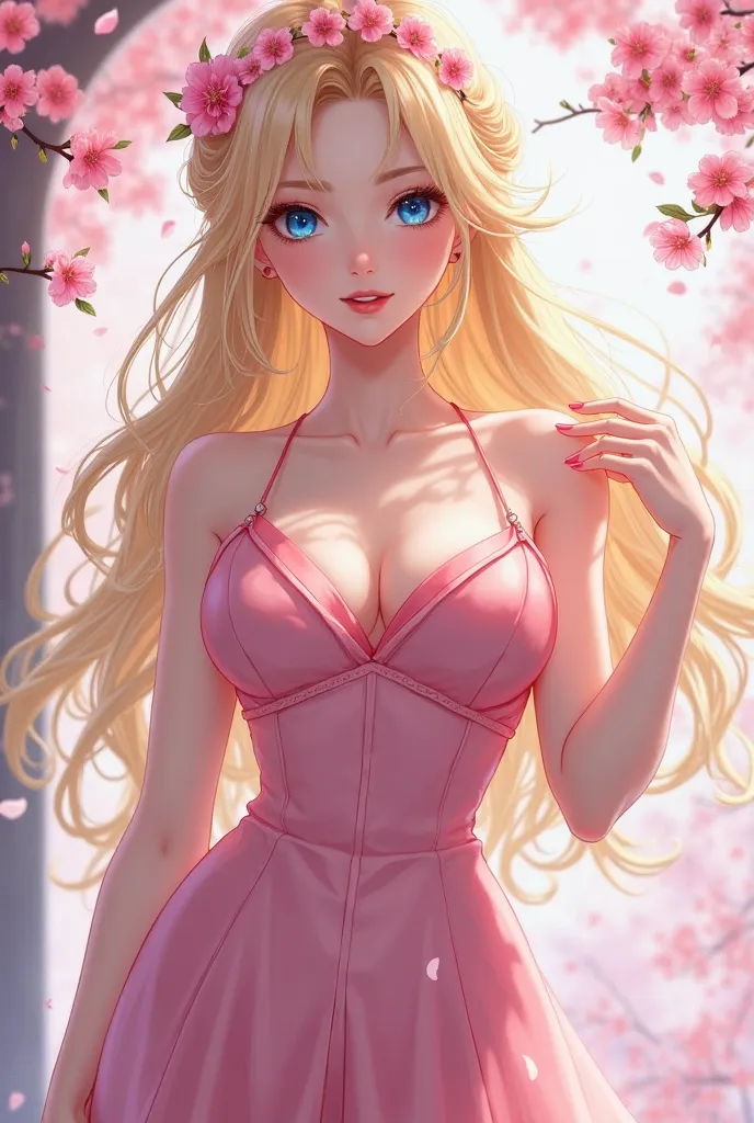 Sexy Asian beautiful woman with blonde hair, blue eyes, fair skin, cherry blossom headband, in a pink evening dress with big breasts, anime style.