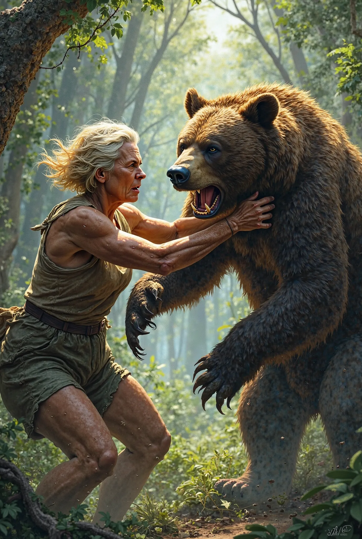 Elderly woman with strong arms and very short blond hair fights bear in the forest