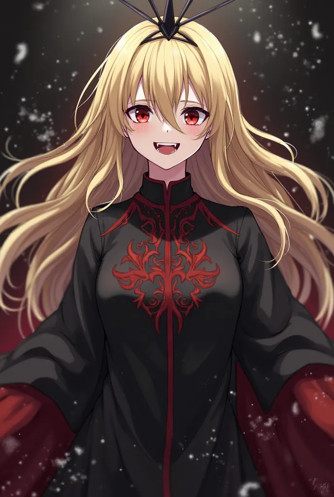  Make images for me : A very beautiful 15-year-old with long loose blond hair flying in the wind she has a discreet black crown on her head she has red eyes she shows a proud smile on her face with large sharp vampire fangs in her mouth, She has pale skin ...