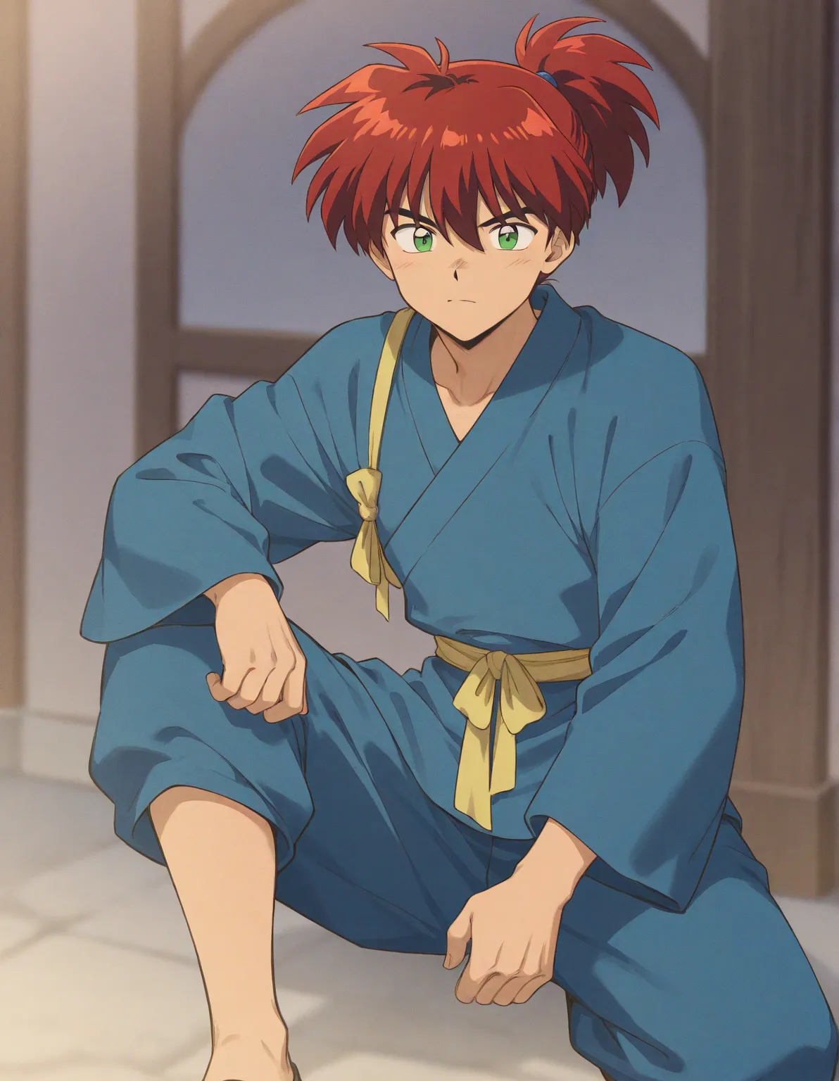 Just one little 11 boy  that is a sixth grade primary school student. He has short red hair and green eyes wearing a blue uniform. He is daring. Handsome. ish. Inuyasha anime character art style. High quality. 