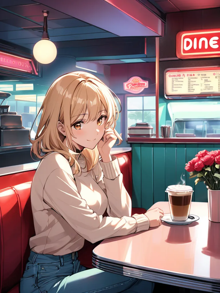 (masterpiece:1.2, best quality), (dynamic lighting) "Create a cozy image of a blond woman, with smooth, shiny hair falling over her shoulders, sitting in a retro 80s diner. She is wearing a light sweater and stripped jeans, emanating an aura of peace of mi...