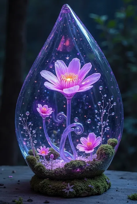 Glass art ,Glass sculpture, a horseshoe shaped beach, surrounded by hills and forest a beautiful waterfall with its waters falling into the sea, in the center of the beach an amethyst geode wrapped in moss, (inside the geode a flower ((Stapelia flavopurpur...