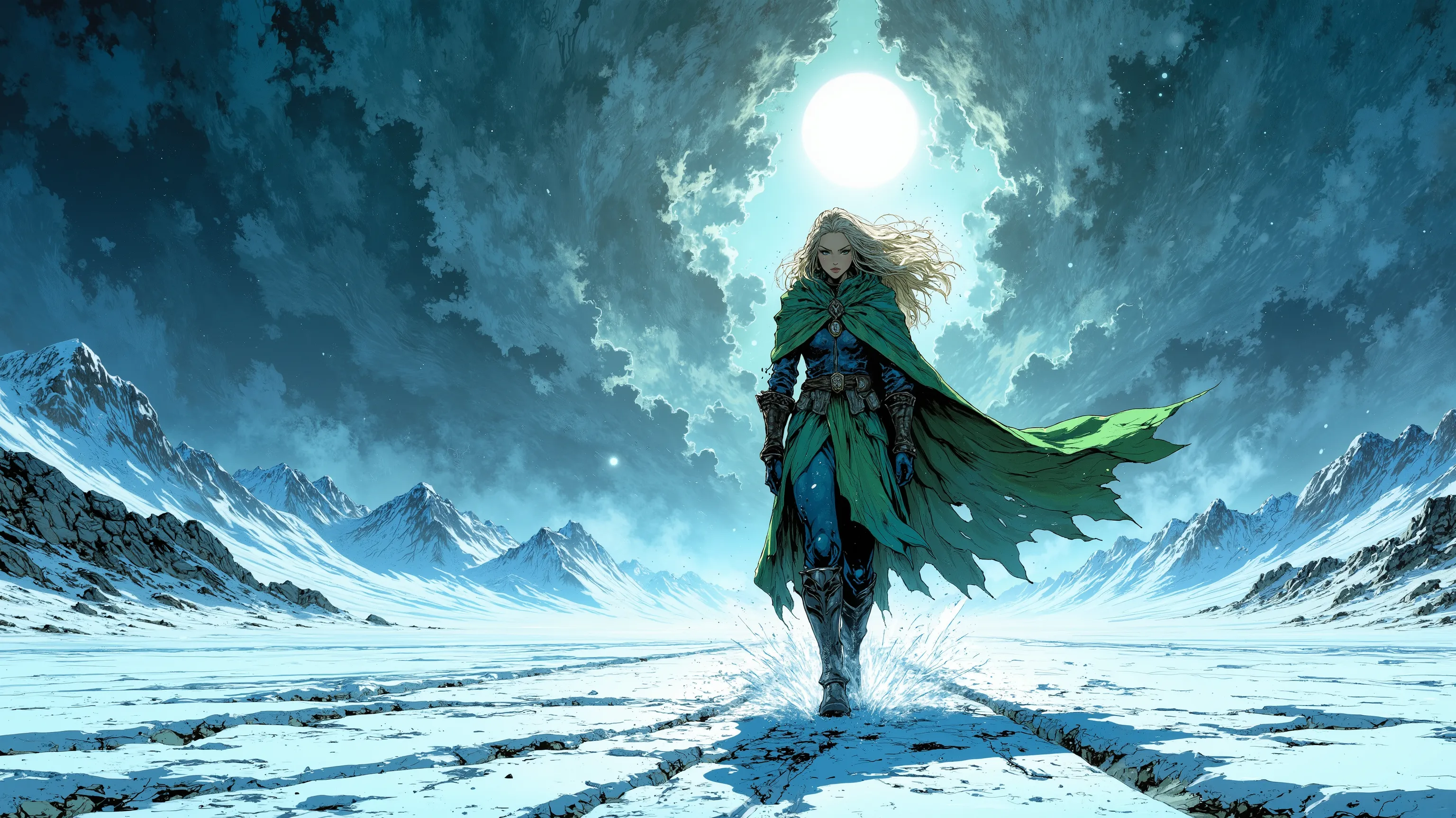  masterpiece, 8K cinematic comic style by Milo Elfo, Lonely in the Snowstorm
An elf walks alone across an icy plain during a snowstorm,  with the cape fluttering in the wind . angle: front shot, with the storm in the background and the elf fighting against...