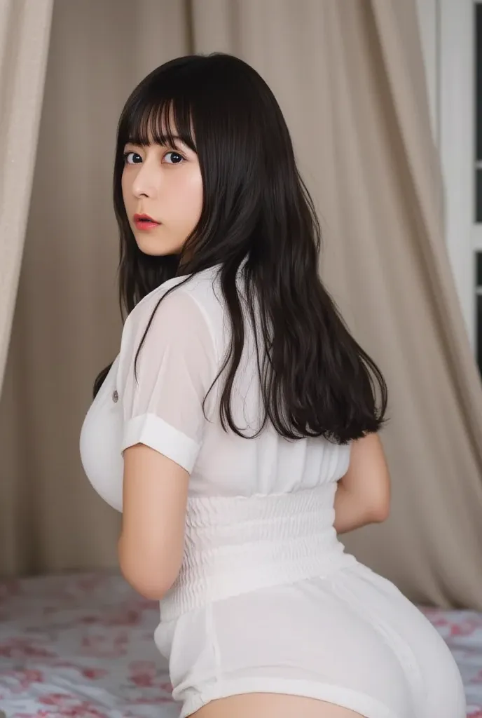 alone、、high school girl、natural body shape、 white skin、 Whitening、Natural Cosmetics、(  black hair:1.2)、(bangs)、(straight long haired)、(short sleeve),( bloomers:1.5)( old Japanese white gym clothes:1.5)(big breasts:1.3)、 smart body 、(bedroom:1.3)、(looking a...