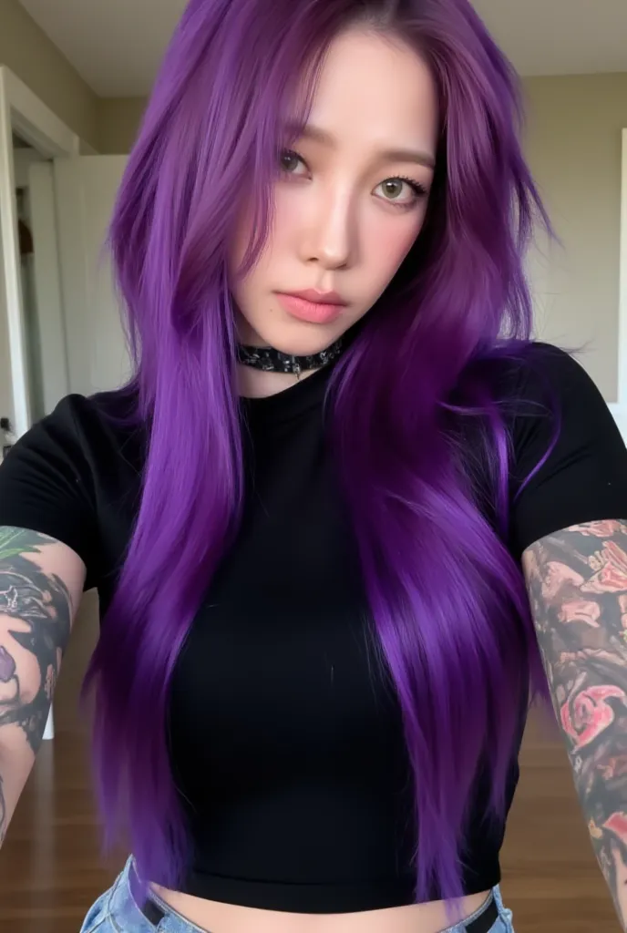 Extra straight long hair, purple hair, a lot of tattoos, posing, selfie pov, taking a selfie, cute angry grumpy face, tight black t-shirt, small waist, small boobs.