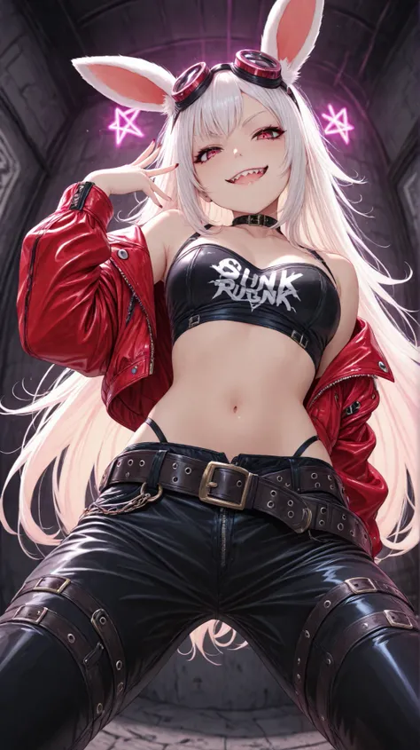 (masterpiece:1.2, good anatomy), 1girl, solo, looking at viewer, (1girl\white rabbit ear\Fluffy & blond long hair:1.3\punk style\Goggles on head\red jacket\black tube top\big belt and tack\black pants, evil smile:1.1\smirk:1.4\closed mouth\Big Mouth:1.2\De...