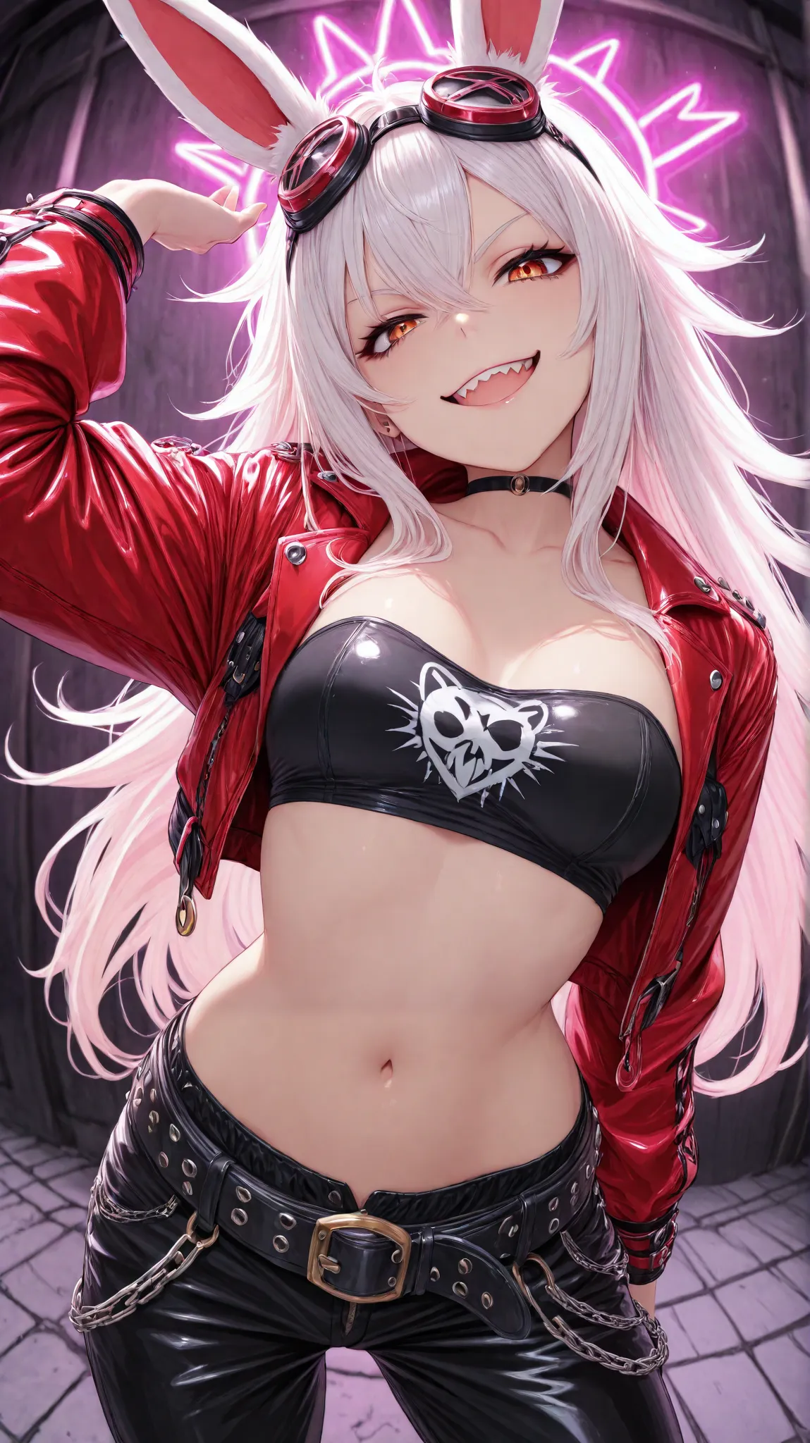 (masterpiece:1.2, good anatomy), 1girl, solo, looking at viewer, (1girl\white rabbit ear\Fluffy & blond long hair:1.3\punk style\Goggles on head\red jacket\black tube top\big belt and tack\black pants, evil smile:1.1\smirk:1.4\closed mouth\Big Mouth:1.2\De...