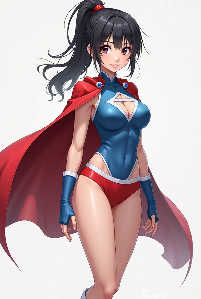 woman,  Japanese, full body, round face, , big eyes,  with dark hair, ponytail,  Muscular Body,  white skin, medium chest,  spandex, red cloak,  tight, sleeveless,  Blue Top with White Sides  , upside down white triangle symbol, Belly Cut Out Bodysuit, red...