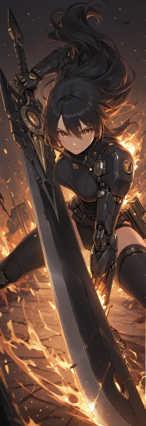 (best quality), high detailed, holding sword, high quality sword, (big weapon), (buby blade:1.2), beautiful blade, (attack stance), action pose, oversized iron sword, Girl, mechanical arm, burning arm, Slash, serious, cyber armed gear, beautiful eyes, supe...