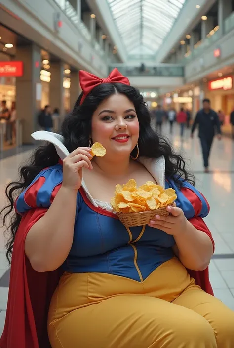 Snow White fat body  in mall eat chips 