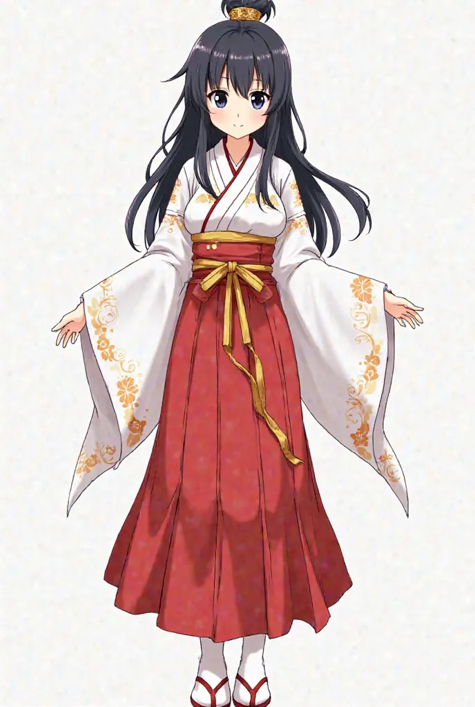 Make it anime style: a girl with long black hair tied half messy, with a neutral expression and black eyes. She is wearing a costume inspired by traditional clothing Japanese, similar to a miko (Shinto Priestess). The set has a white and red, with gold and...