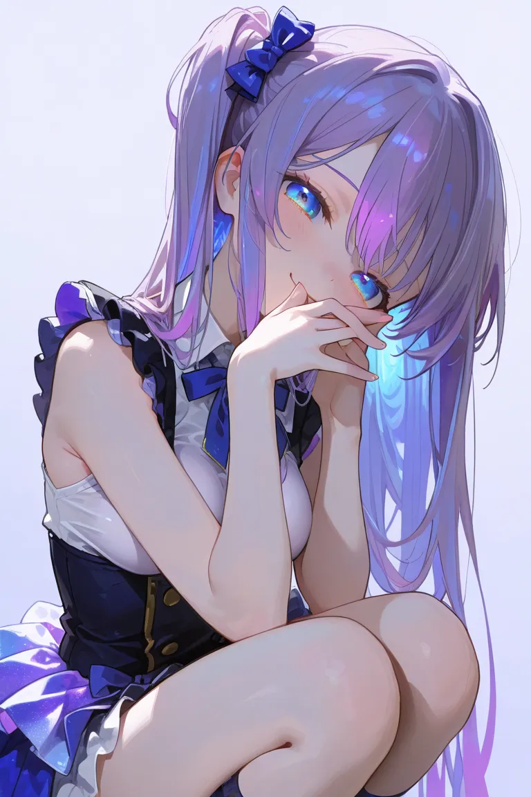 (Best quality, 4k, 8k, high resolution, masterpiece:1.2),1loli girl,delightful,Smile lightly、head tilt,(squatting),(school idol clothes),beautiful,cowboy shot, (covering own mouth),(hair flowing over),,(glowing purple hair:.1.5),deep blue hair,long hair,sl...