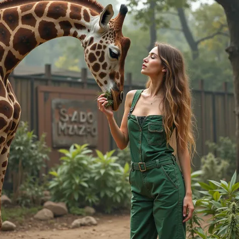 In a zoo with a giraffe standing under a beautiful, young norwegian girl, in a deeply cut poison green worker's overalls, in wedge boots, holds both sides of the giraffe's legs, lifting his head back and licks the giraffe's belly, while the giraffe bows hi...