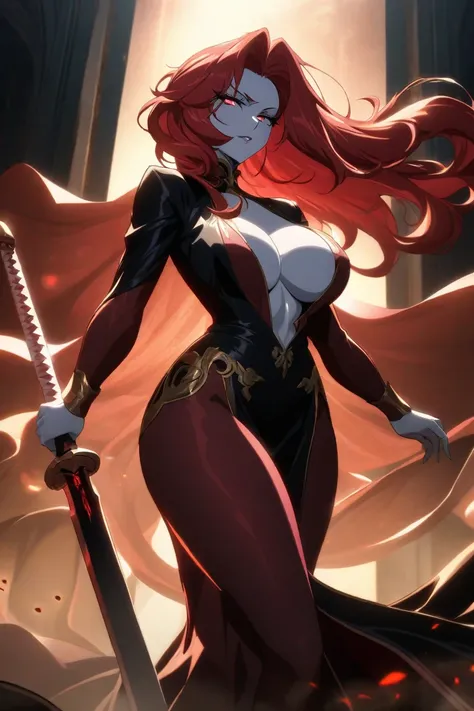 White skin, red long hair, beauty， mature, tarting，, Sexy，taking sword ，beautiful breast, 2D Anime