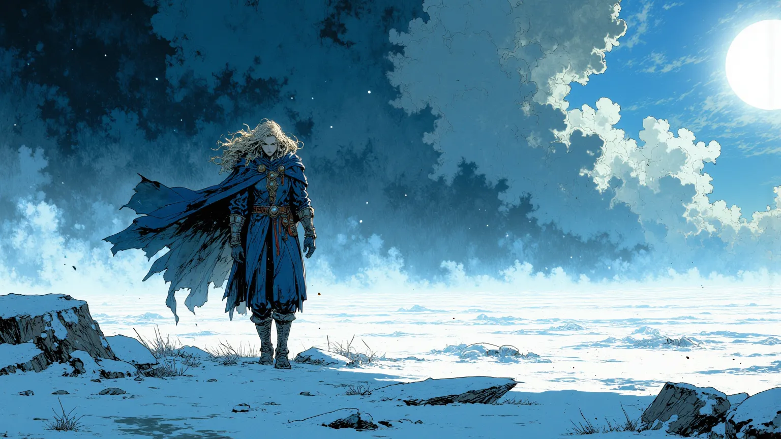  masterpiece, 8K cinematic comic style by Milo Elfo, Lonely in the Snowstorm
An elf walks alone across an icy plain during a snowstorm,  with the cape fluttering in the wind . angle: front shot, with the storm in the background and the elf fighting against...