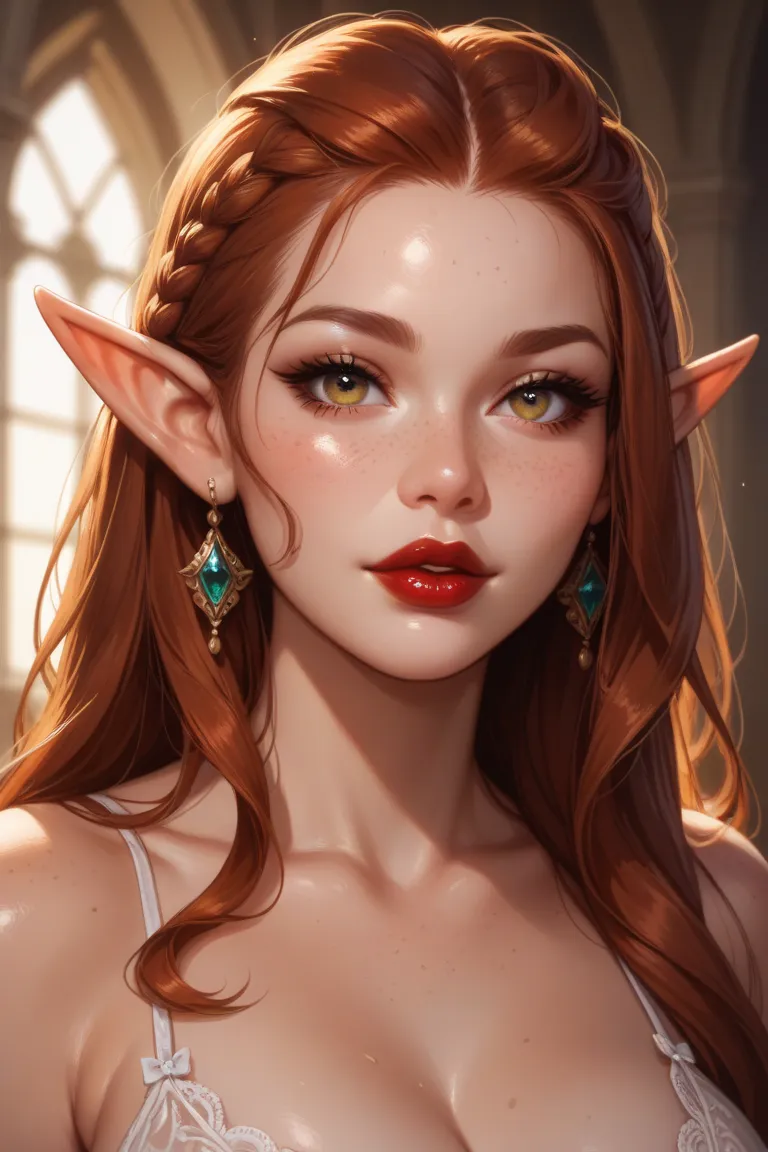 Close up of a a young woman with fair skin, beautiful shiny hazel eyes and soft plump dark red lips. Her face is covered in light freckles and her hair is very long, soft and chestnut-colored. She has bangs which cover her forehead. She's gorgeous. She has...