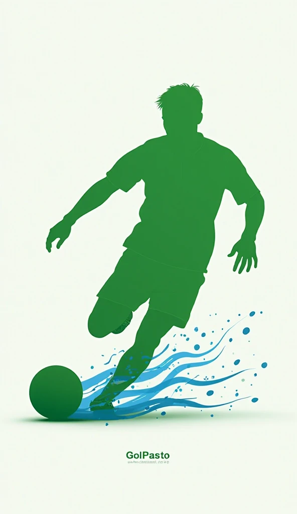 The silhouette of a football player, kicking the ball ( in motion), made in green. The ball leaves "train" of blue and white lines (Colors of the flag). under the silhouette in small print "GolPas.to".