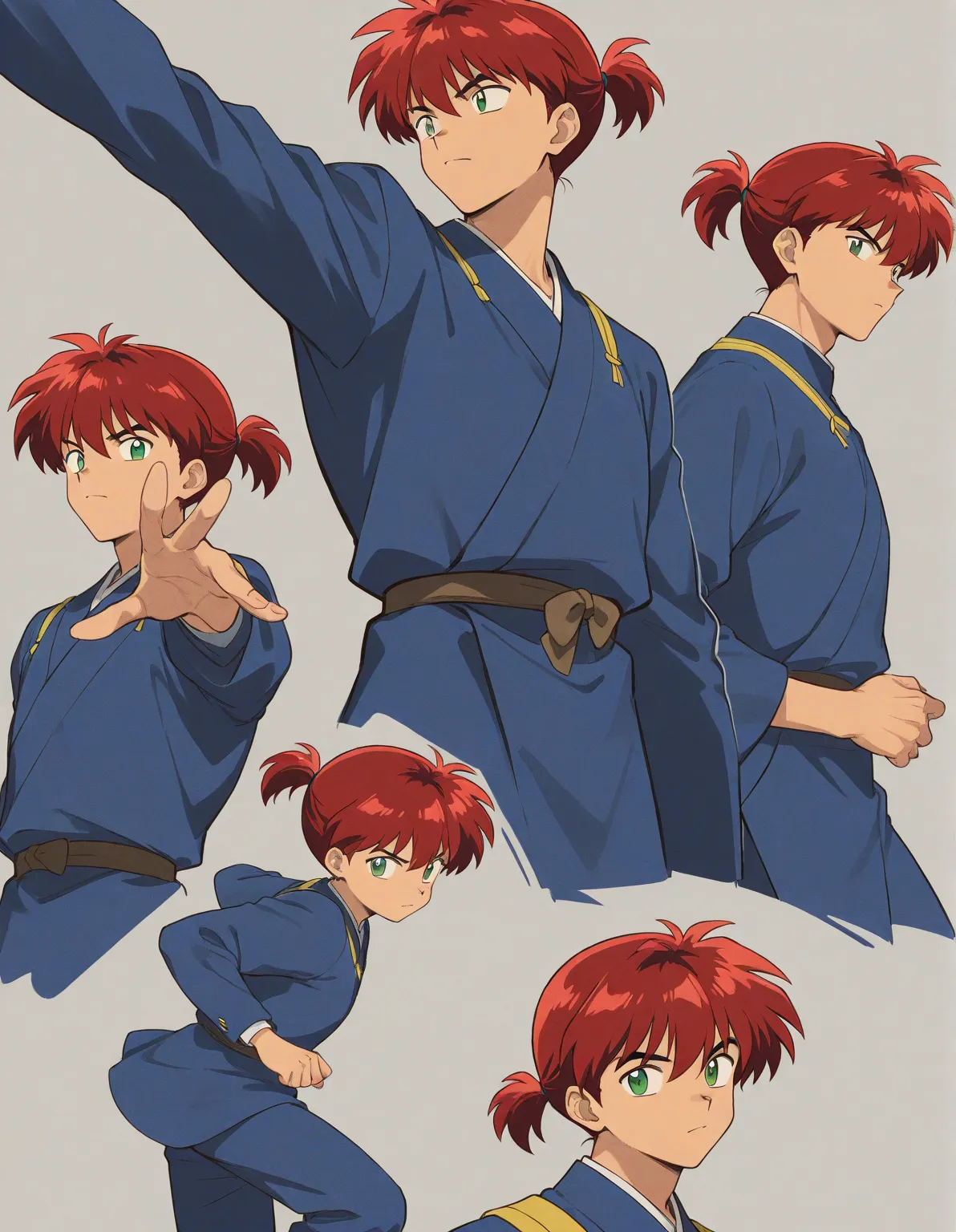 Just one little 11 boy  that is a sixth grade primary school student. He has short red hair and green eyes wearing a blue uniform. He is daring. Handsome. ish. Inuyasha anime character art style. High quality. 