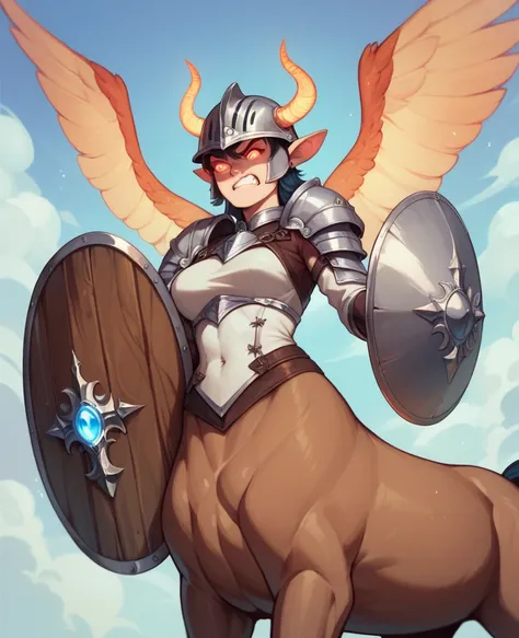 Centaur, silver helmet with wings, glowing eyes, angry face, holding a shield