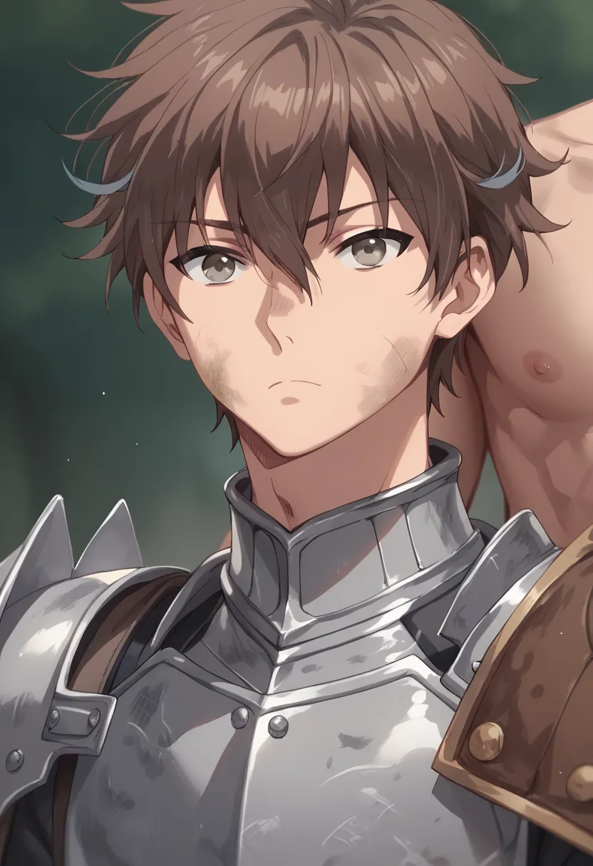 1_boy_anime_boy, 20 years old, brown hair, grey eyes, dirty leather armor, half body, hair between eyes, one man, front view..background is dark, 