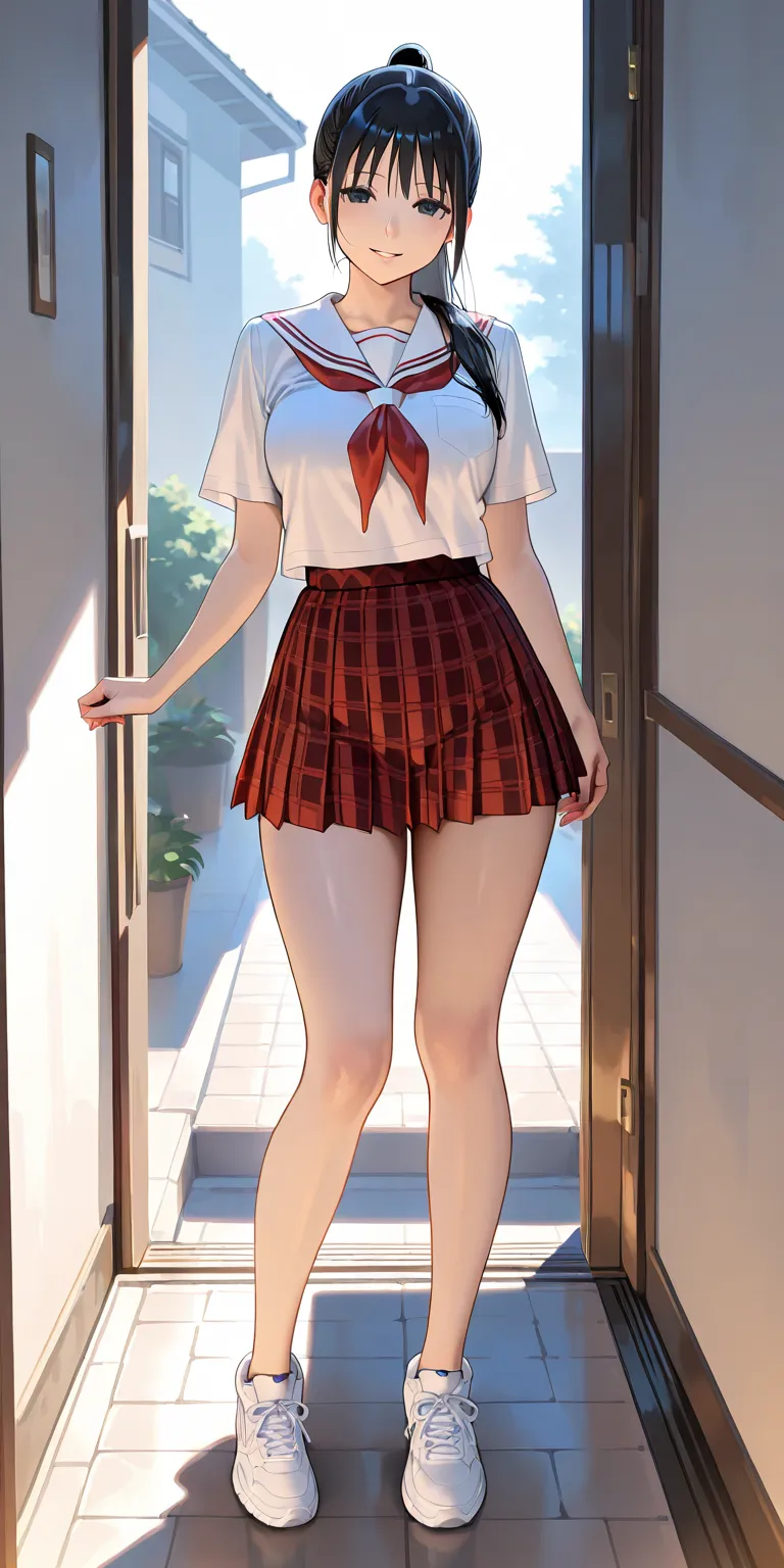 Masterpiece, newest, vibrant, very aesthetic, high contrast, mature woman, hinata hyuga, black eyes, black hair, pony hair, straight hair, high ponytail long hair, medium breast, white school uniform, red pleated mini skirt (checkered pattern), white sneak...