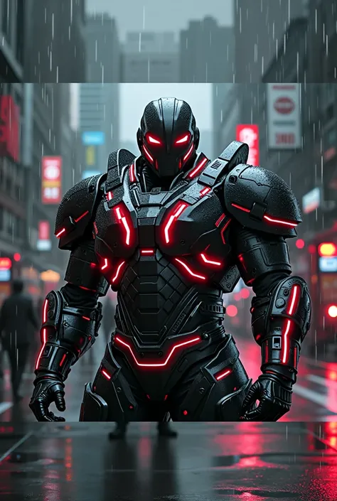 Futuristic cyber soldier in massive black armor with bright red neon accents, ominous pose, rainy cyberpunk city in the background, raindrops and glare on metal, dark atmosphere, cinematic lighting, 8k, hyper-realistic, intricate detailing, sharp focus, re...