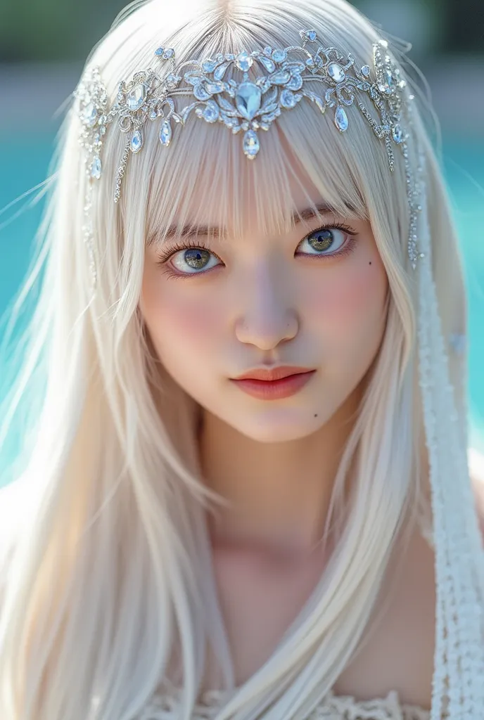 Focusing on very sexy ultra HD 8k milky white long legs、a very beautiful anime style goddess and showing her divine beauty anime style with crystal ornaments on a very beautiful face。