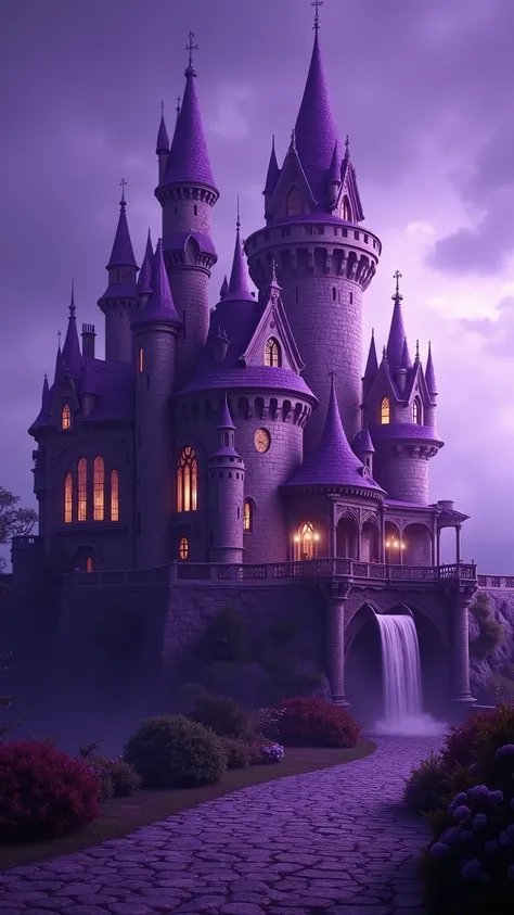 a castle made of purple satin, highly detailed, intricate architecture, ornate windows, towers, turrets, drawbridge, moat, cobblestone pathways, lush gardens, overcast sky, dramatic lighting, fantasy art, digital painting, 8K, photorealistic, cinematic, dr...