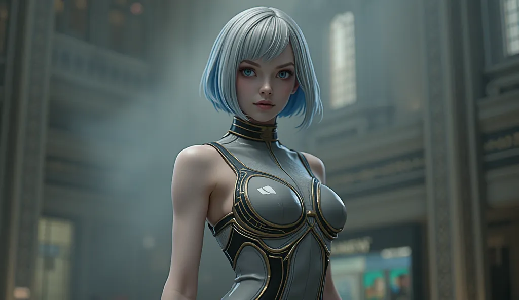 (ultra real), (figure), (High resolution), (8K), (very detailed), (Best figure), (detailed and beautiful eyes), (highest quality), (Super detailed),  (detailed face), Generate a highly realistic image Emma Frost, NSFW, half grey and half blue hair, short h...