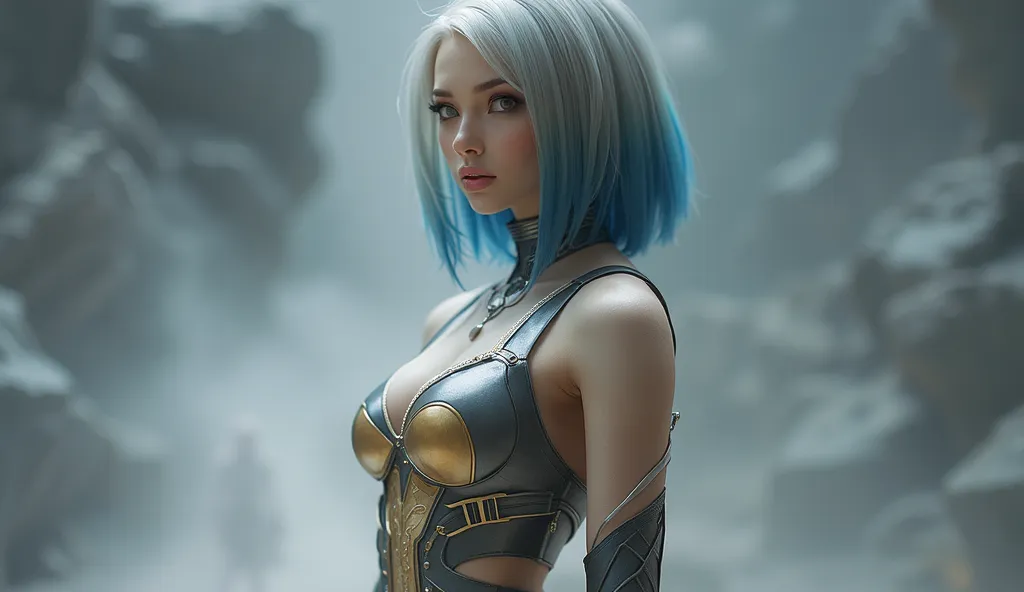 (ultra real), (figure), (High resolution), (8K), (very detailed), (Best figure), (detailed and beautiful eyes), (highest quality), (Super detailed),  (detailed face), Generate a highly realistic image Emma Frost, NSFW, half grey and half blue hair, short h...