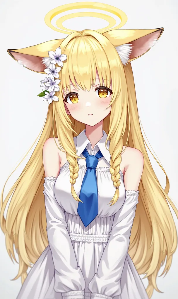 1 female, (blue archive:1.1), 
~Up to , 
 animal ears , alone, blond hair, halo, long hair, viewers,  fox ears,  animal ears  털,  dress, tie, white  dress, forehead, shut her mouth, headdress, yellow halo, Upper body, hair flower, yellow eyes, blue tie, fl...