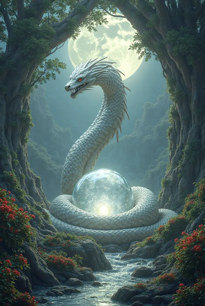 Big white naga, big crystal ball, full moon, big tree, cave, water flow, red flower, white 