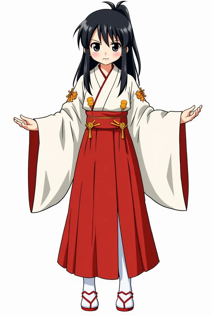 Make it anime style: A boy with long black hair tied up a bit of a mess, with a neutral expression and black eyes. She is wearing a costume inspired by traditional clothing Japanese, similar to a miko (Shinto Priestess). The set has a white and red, with g...