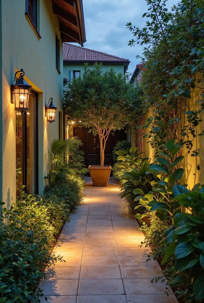 The landscape design of an outdoor corridor of a house, At night. It is light green with the floor on a beige floor. Between a house and the wall of the neighboring house. It measures approximately 1,50 wide  (space between the house and the wall) and 8 me...