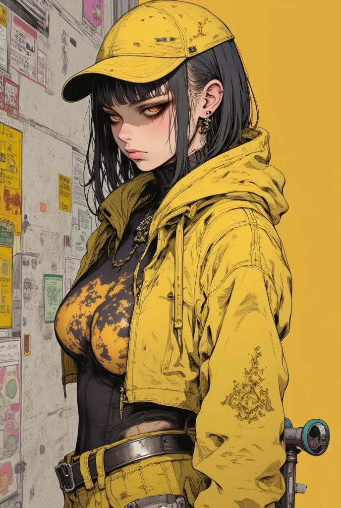 American comic style, illustration, girl, street fashion, dark, skateboard, street, Dark expression, pale face, high resolution, flashy makeup, hard touch illustration, strong outline, side face, yellow color wear, street style, cap, sweat, hoodie, pants, ...