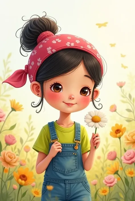 A whimsical and touching illustration in a ren's book style. A super cute girl with black hair tied into a bun, wearing a vibrant pink bandana, a bright lime green t-shirt and denim overalls, smiles happily holding a daisy. The background is a dreamy field...