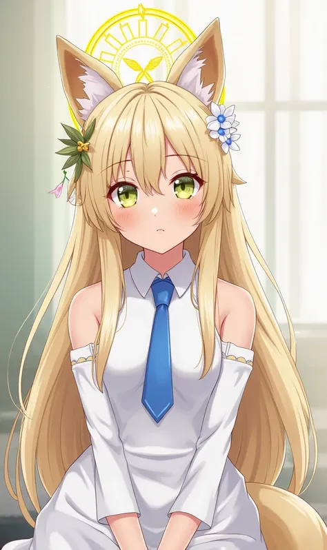 1 female, (blue archive:1.1), 
~Up to , 
 animal ears , alone, blond hair, halo, long hair, viewers,  fox ears,  animal ears  털,  dress, tie, white  dress, forehead, shut her mouth, headdress, yellow halo, Upper body, hair flower, yellow eyes, blue tie, fl...