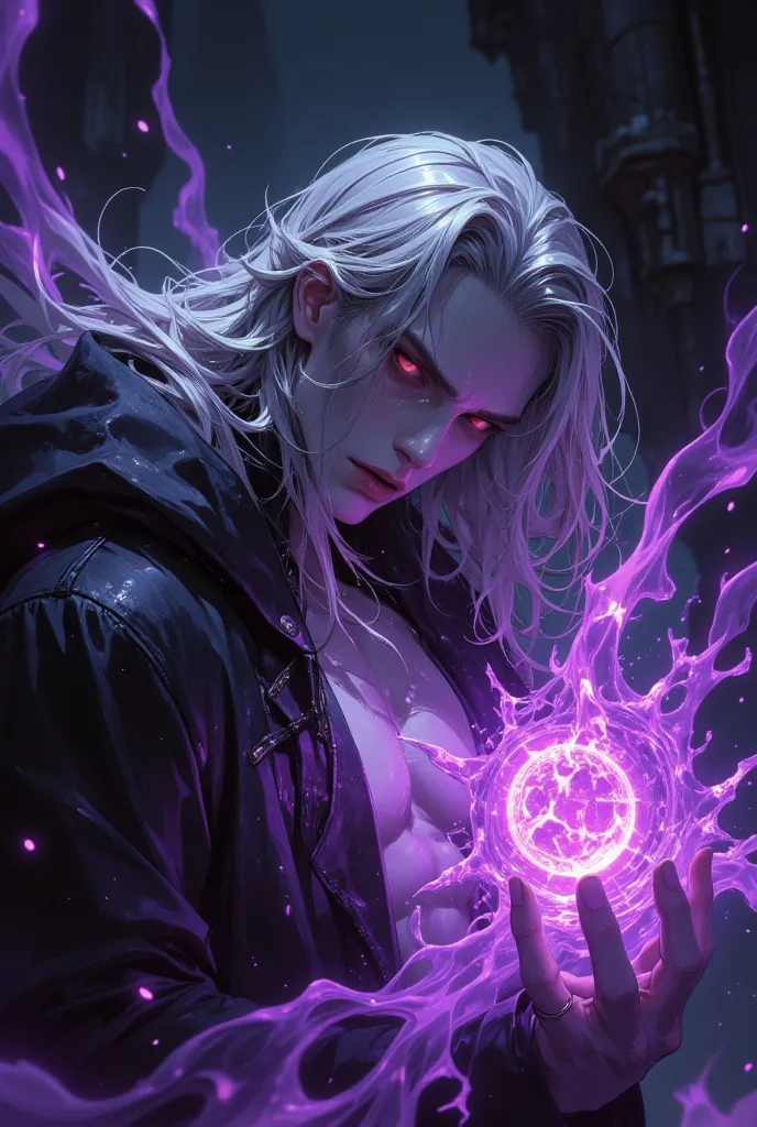 surreal powerful cool male vampire with purple powers, random pose, long hair, hyper detailed and intricate. with nuances in tones