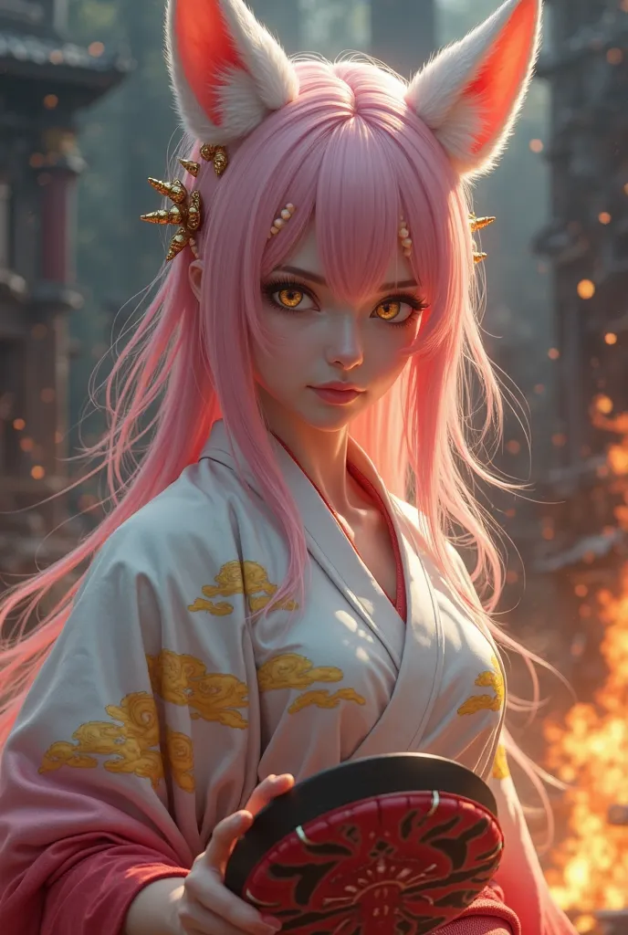 Fantasy warrior woman, pink-dyed straight hair, golden eyes , golden pearls in the hair, White fox ears on the head, white kimono fading to red with yellow clouds designs, holds a dark red yo-yo in her hand. Dangerous look in her eyes. Background of indist...