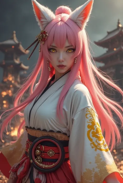 Fantasy warrior woman, pink-dyed straight hair, golden eyes , golden pearls in the hair, White fox ears on the head, white kimono fading to red with yellow clouds designs, holds a dark red yo-yo in her hand. Dangerous look in her eyes. Background of indist...