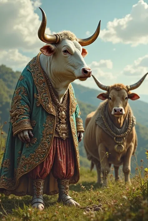 A wealthy cow with shiny, polished horns and elegant clothes approaches. Nearby, the poor cow, dressed in worn-out, torn clothes, is busy with its work, looking visibly tired. HD quality photo