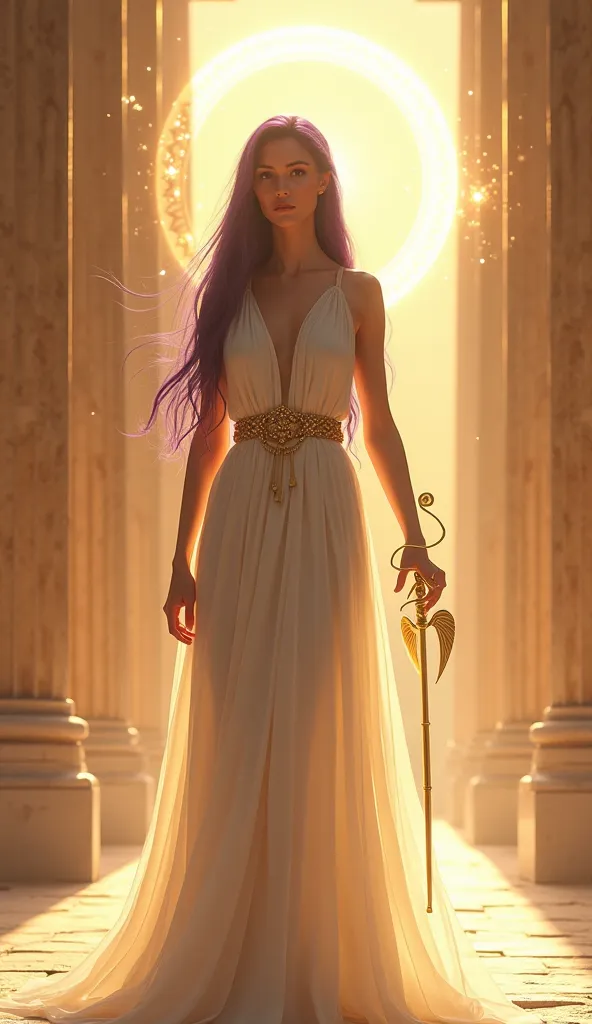 Saori o ,  a beautiful woman , The reincarnation of the goddess Athena from The Knights of the Zodiac, in an ultra realistic style, como se fosse um live action. She is wearing a long flowing white dress,  with subtle golden details , conveying her divinit...